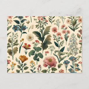 Cartão Postal De Convite padrão de flores e folhas em fundo branco