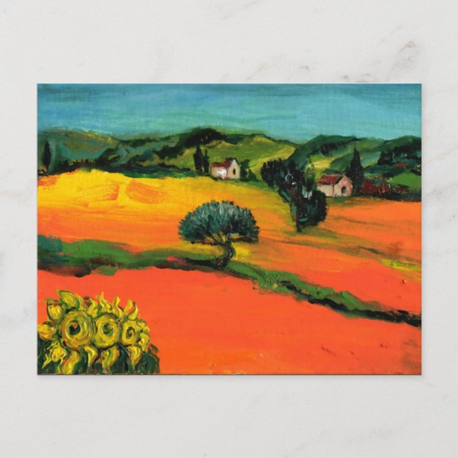 CARTÃO POSTAL DE CONVITE PAISAGEM DA TOSCANA COM GIRASSÓIS EM LARANJA VERME (Frente)