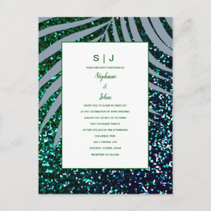 Cartão Postal De Convite Palm Deixa Dusty Blue Glitter Casamento