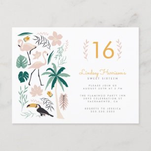 Cartão Postal De Convite Palm Tree Toucan Rosa Flamingo e Monstera Sweet 16