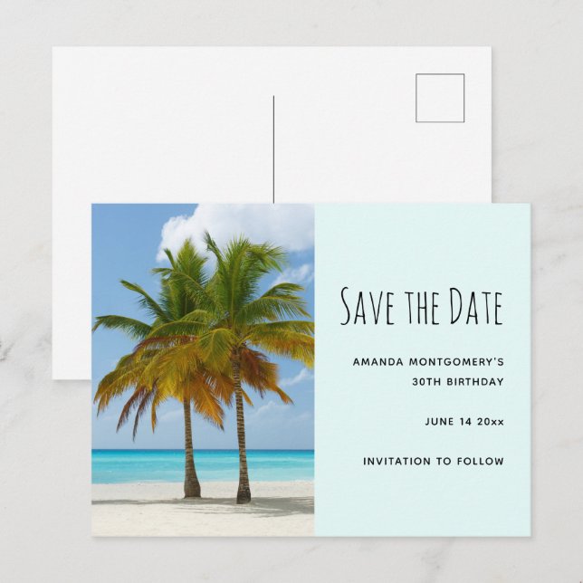 Cartão Postal De Convite Palmeiras em uma praia tropical Salvar a Data (Frente/Verso)