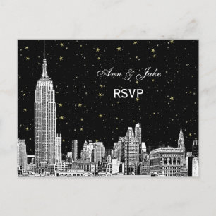 Cartão Postal De Convite Panorama de NYC 01 Estrelas Brancas Gravadas RSVP