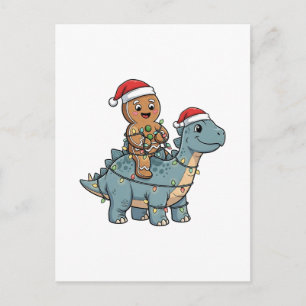 Cartão Postal De Convite Pão de gengibre montando um dinossauro Natal Santa