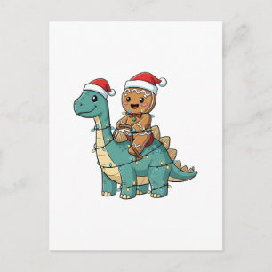 Cartão Postal De Convite Pão de gengibre montando um dinossauro Natal Santa