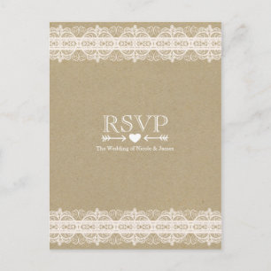 Cartão Postal De Convite Papel Marrom & Renda RSVP de Casamento Rústico Nat