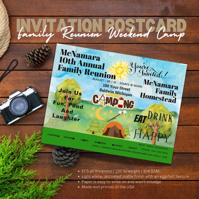 Cartão postal de Convite para Campanha de Reunião  ( Birthday Depot
Family Reunion Camping Invitation Postcard)