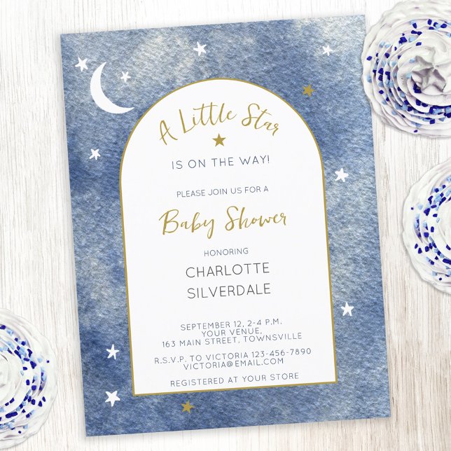 Cartão-postal de convite para Chás de fraldas Estr (A Little Star is on the Way watercolor navy blue, gold and white baby shower invitation postcard)