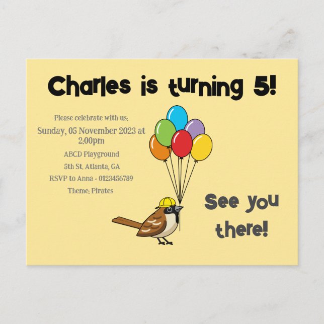 Cartão Postal De Convite Pardal Fofo com Balões de Aniversário | Personaliz (Frente)