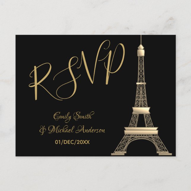 Cartão Postal De Convite PARIS RSVP Preto Dourado - Tendência Chic Elegante (Frente)