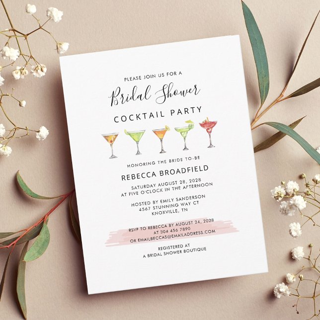Cartão Postal De Convite Partido Cocktail do Chá de panela Moderno (Elegant Cocktail Party Bridal Shower Invitation)