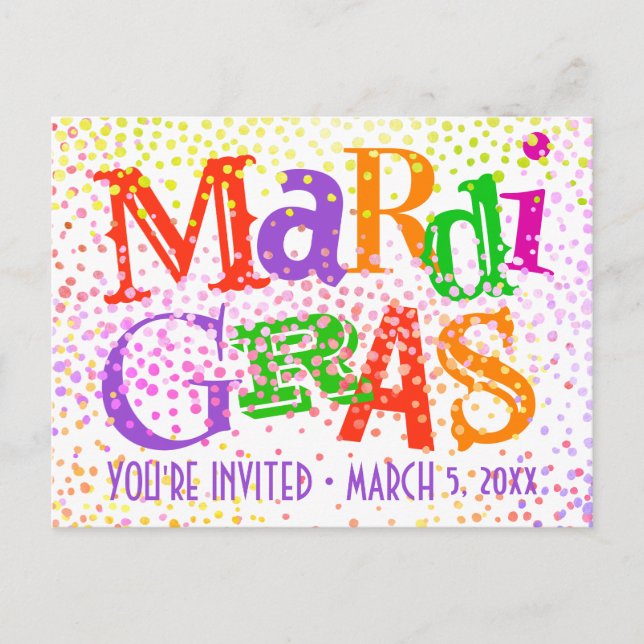 Cartão Postal De Convite Partido da Tipografia de Mardi Gras (Frente)