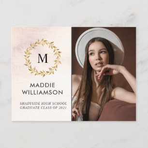Cartão Postal De Convite Partido de Formando de Foto Laurel, Rosa Dourado, 