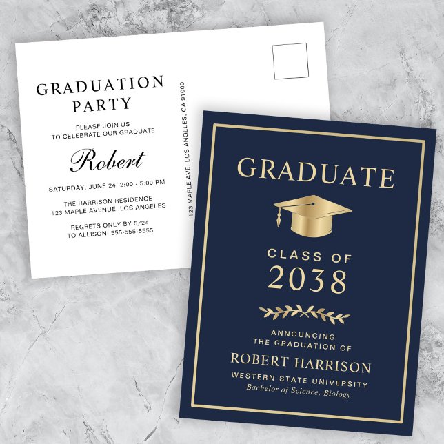 Cartão Postal De Convite Partido Elegante do Formandos Dourado Azul (An elegant college graduation party invitation postcard to celebrate the graduate's achievements)