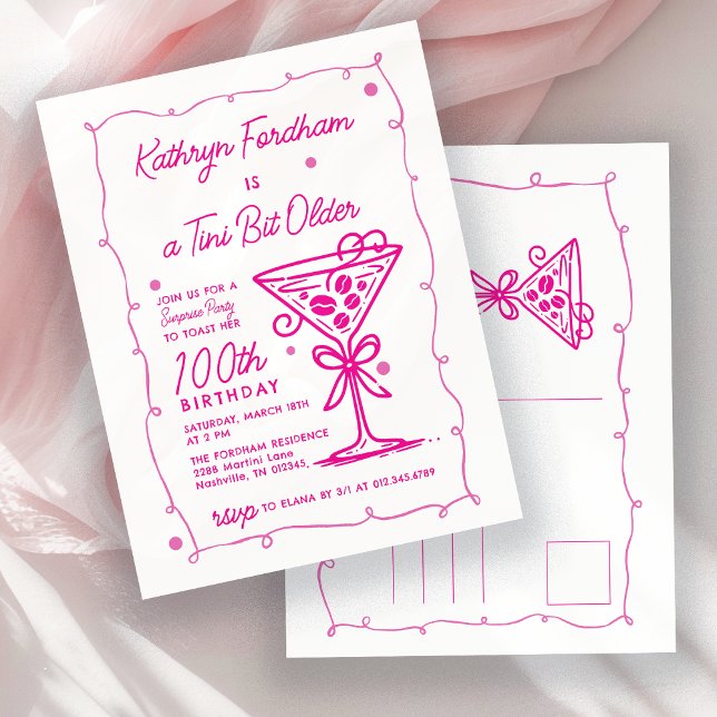 Cartão Postal De Convite PARTIDO SURPRESA 100º Aniversário Doodle Rosa Mart (Criador carregado)