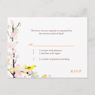 Cartão Postal De Convite Pássaro Doce no Casamento do Flor de Cereja RSVP