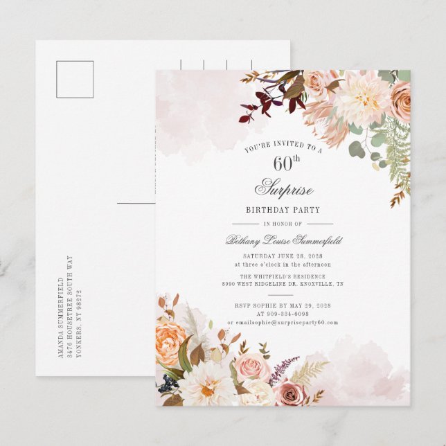 Cartão Postal De Convite Pastel Floral Botânico 60ª Festa de aniversário (Frente/Verso)