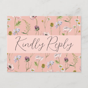 Cartão Postal De Convite Pastel Pink Wild Flower Boho Garden RSVP