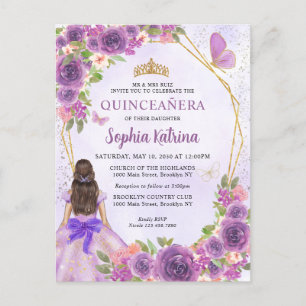 Cartão Postal De Convite Pastel Purple Dourada Floral Princess Quinceañera