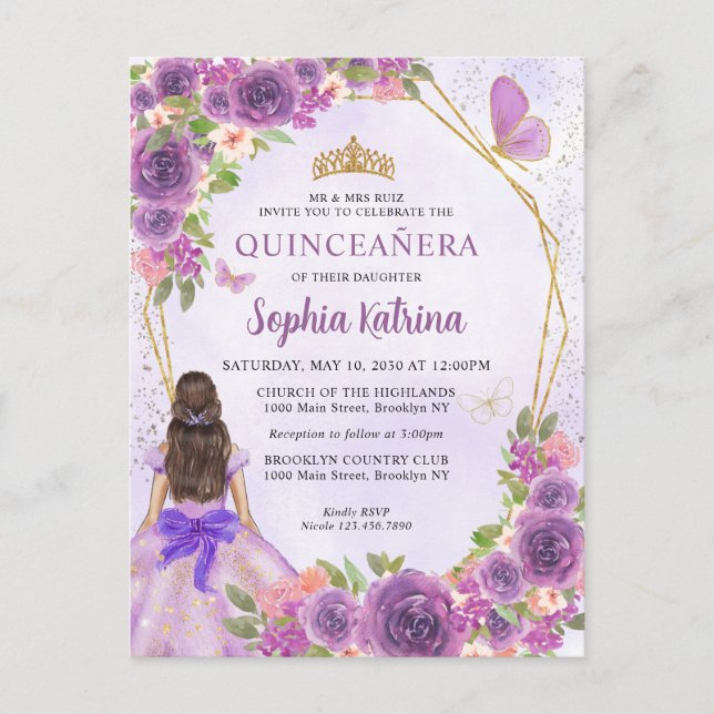 Cartão Postal De Convite Pastel Purple Dourada Floral Princess Quinceañera (Frente)