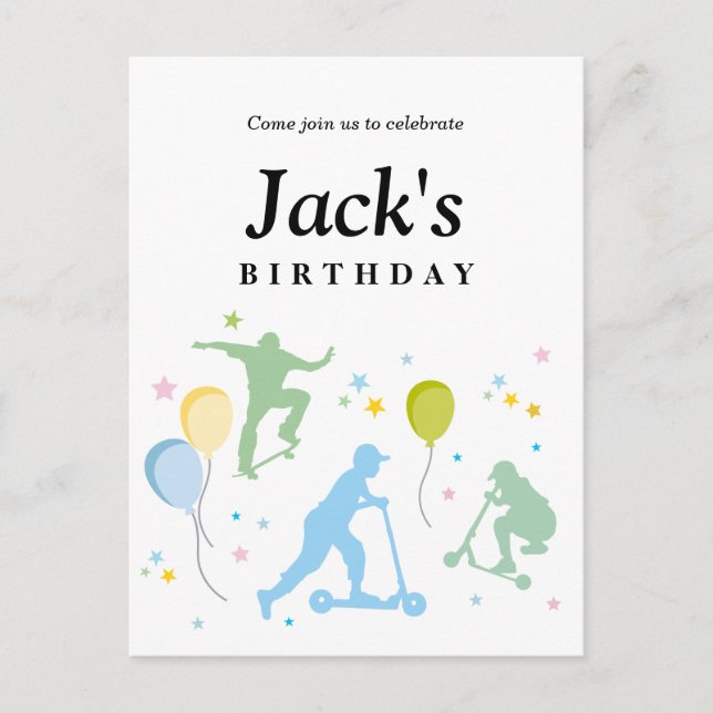 Cartão Postal De Convite Patinetes, Bikes, skates, passear por cima (Frente)