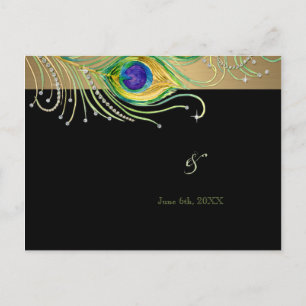 Cartão Postal De Convite Penas Peacock Modern Faux Jewel Scroll Swirl