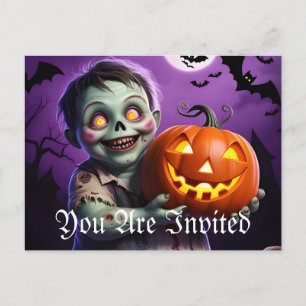 Cartão Postal De Convite Pequeno Monstro Verde e Amigo de Abóbora