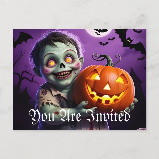 Cartão Postal De Convite Pequeno Monstro Verde e Amigo de Abóbora (Frente)