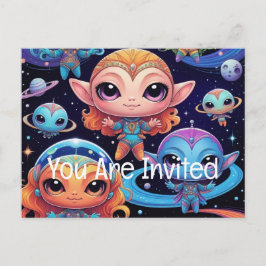 Cartão Postal De Convite Pequenos Aliens multicoloridos no espaço