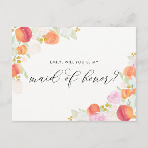 Cartão Postal De Convite Pêssegos e Flores de Aquarela São a minha Madrinha
