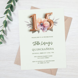 Cartão Postal De Convite Pessegueiro rosa verde floral Quinceanera