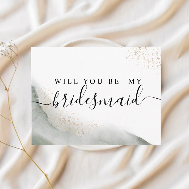 Cartão Postal De Convite Pinceladas de Aquarela Verde Abstrata & Dourado (Criador carregado)