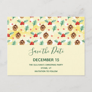Cartão Postal De Convite Pine Cones e Holly Winter Pattern salvam a data