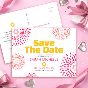 Cartão Postal De Convite Pink Bat Mitzvah Salve a Data Moderno Estouro de E