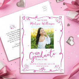 Cartão Postal De Convite Pink Doodles Graduation Save the Date Photo White