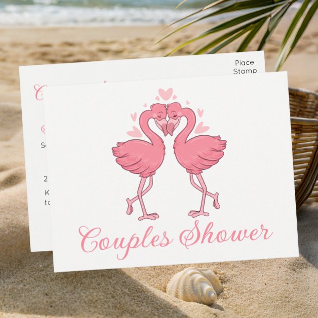 Cartão Postal De Convite Pink Flamingo Tropical Beach Couples Bridal Shower (Criador carregado)