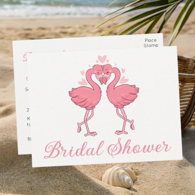 Cartão Postal De Convite  Pink Flamingo Tropical Summer Beach Bridal Shower (Criador carregado)