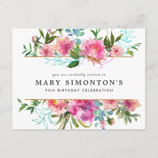 Cartão Postal De Convite Pink Peony 90 Birthday (Frente)