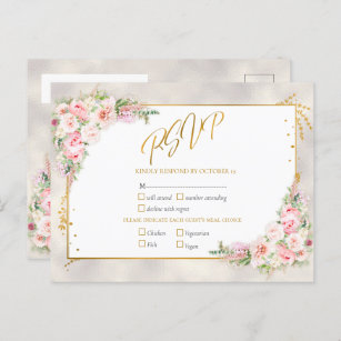 Cartão Postal De Convite Pink Peony Floral Dourado Script e Frame RSVP