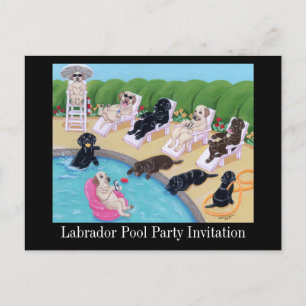 Cartão Postal De Convite Pintura de Labradors do partido da piscina