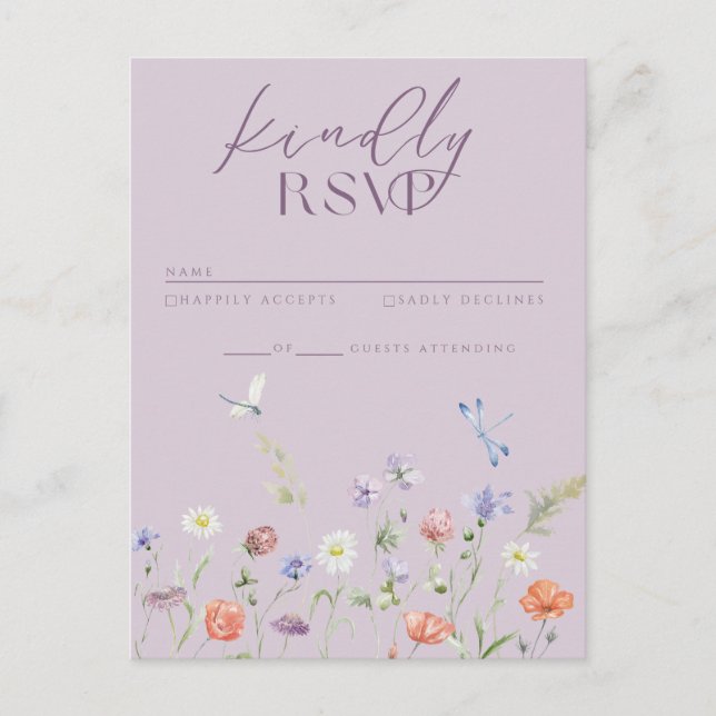 Cartão Postal De Convite Placa RSVP de Flores Selvagens de Lavanda Lilac Wh (Frente)