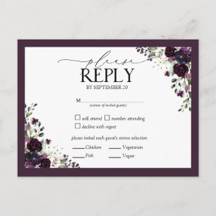 Cartão Postal De Convite Plum Purple Mauve Watercolor Floral Weding RSVP