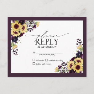 Cartão Postal De Convite Plum Purple Sunflower Watercolor Casamento RSVP