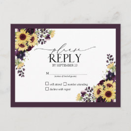 Cartão Postal De Convite Plum Purple Sunflower Watercolor Casamento RSVP