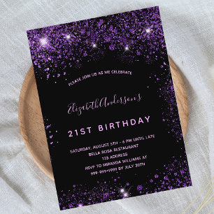 Cartão Postal De Convite Pó preto roxo brilhante glamouroso de aniversário