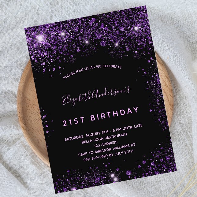 Cartão Postal De Convite Pó preto roxo brilhante glamouroso de aniversário (Criador carregado)