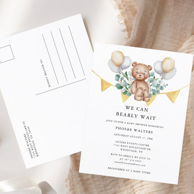 Cartão Postal De Convite Podemos Aguardar Chá de fraldas De Aquarela (We Can Bearly Wait Watercolor Baby Shower Invitation Postcard)