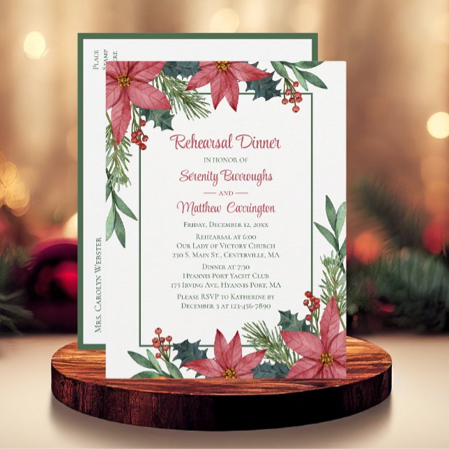 Cartão Postal De Convite Poinsettia Red Christmas Janto de ensaio Floral (Criador carregado)