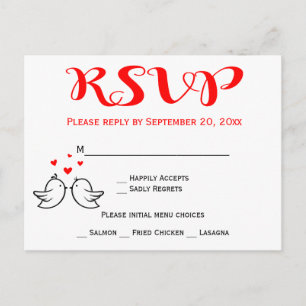 Cartão Postal De Convite Pombinhos de Amor RSVP Vermelhos Festa de Casament