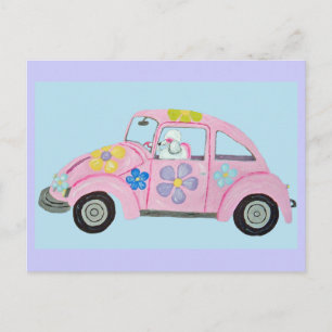 Cartão Postal De Convite Poodle Hippie no Carro do Amor da Criança Flor