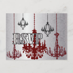 Cartão Postal De Convite PostCard RSVP de Chandelier Preto Red Silver